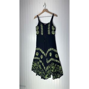 Boho Embroidered Handkerchief Hem Dress Black Green Floral Lace Trim Free Size